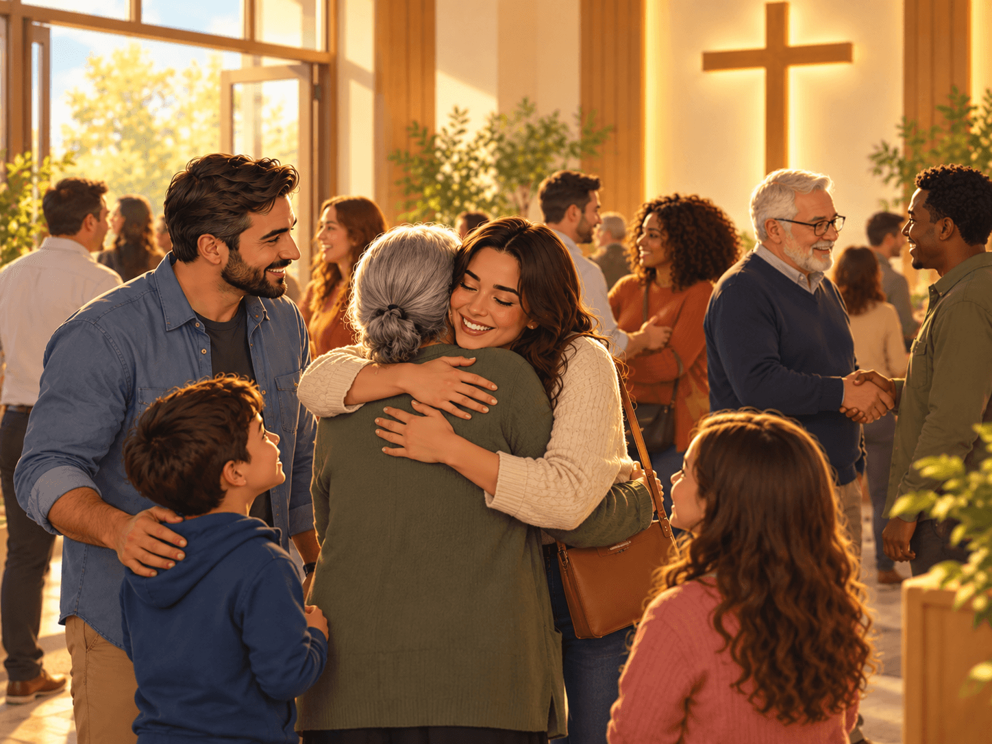 Abraço de despedida entre membros após o culto