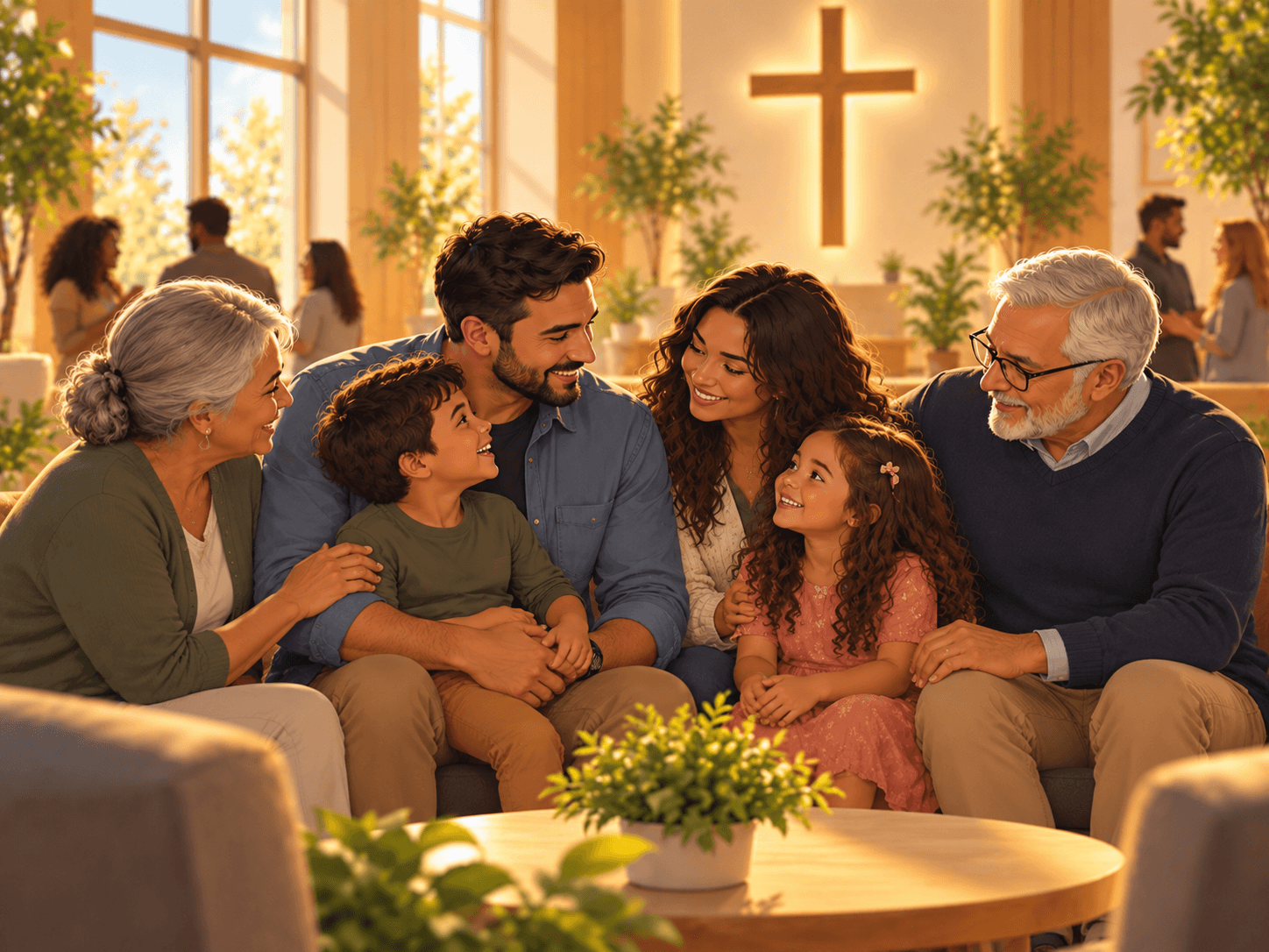 Famílias de várias gerações conversando juntas no sofá da igreja